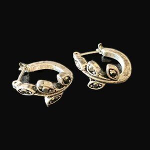 Vintage Sterling Silver & Black Onyx Hoop Earrings | Scrollwork Leaf Design